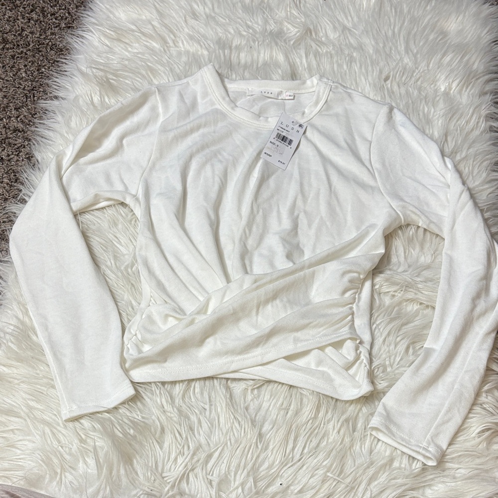 NWT Lush Long Sleeve White Wrap Front Top Size S